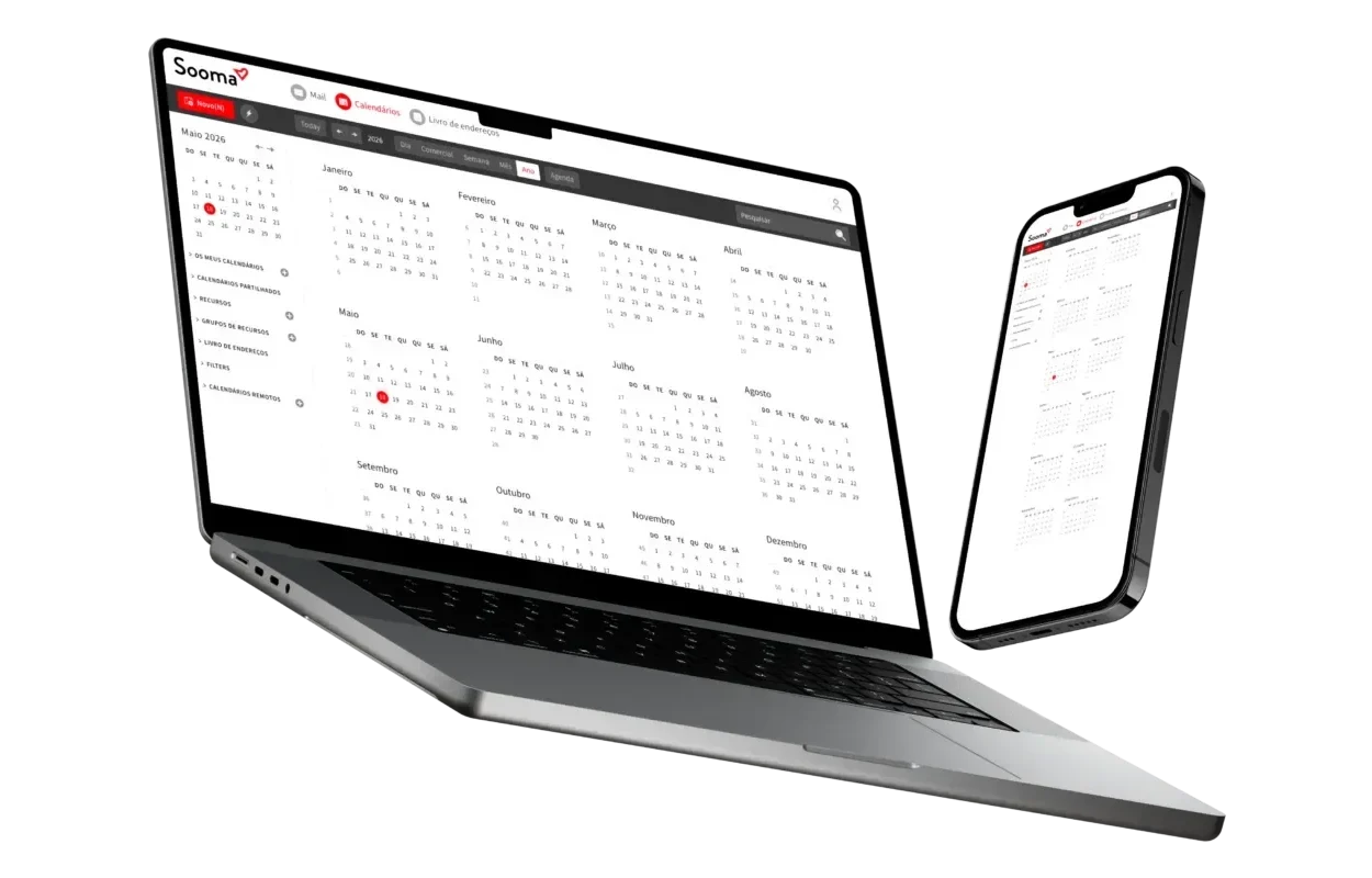 Portátil e smartphone com o calendário anual do webmail da Sooma aberto no ecrã