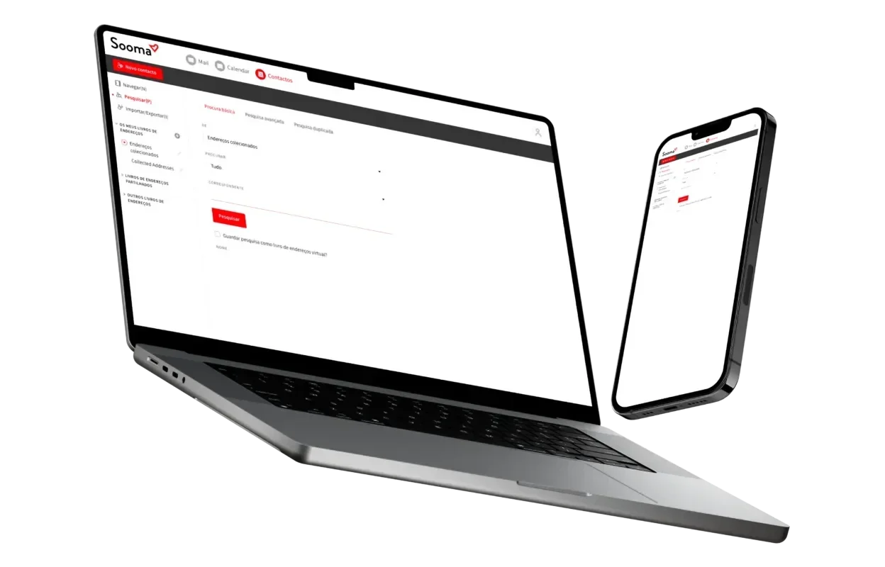 Portátil e smartphone com a área de contactos do webmail da Sooma aberta no ecrã