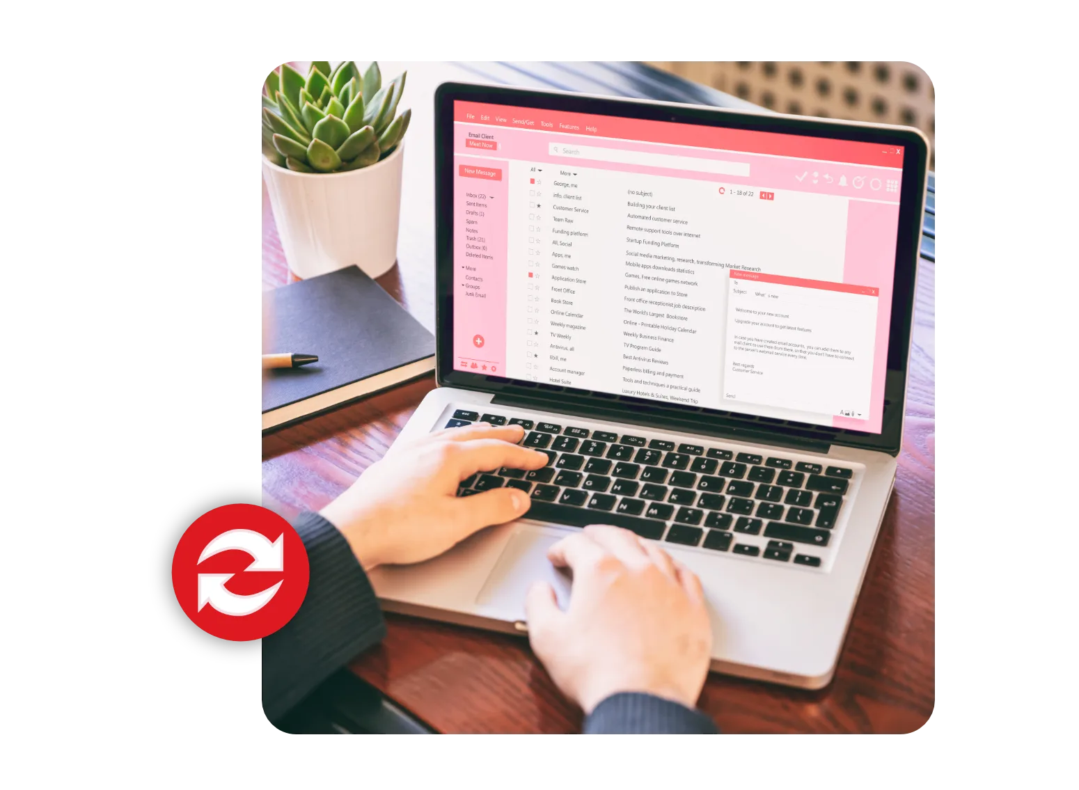 Mãos a escrever num portátil com o webmail aberto no ecrã, com ícone de sincronização