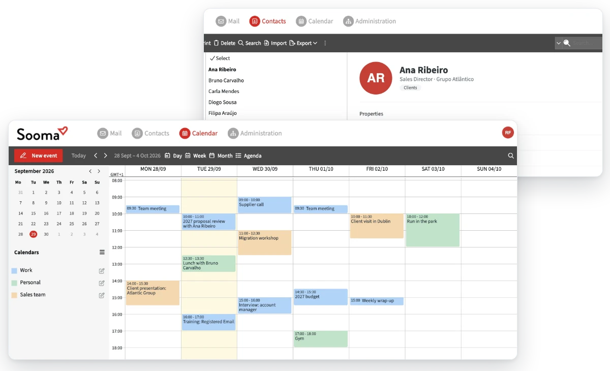 Weekly calendar and shared contacts in Sooma webmail