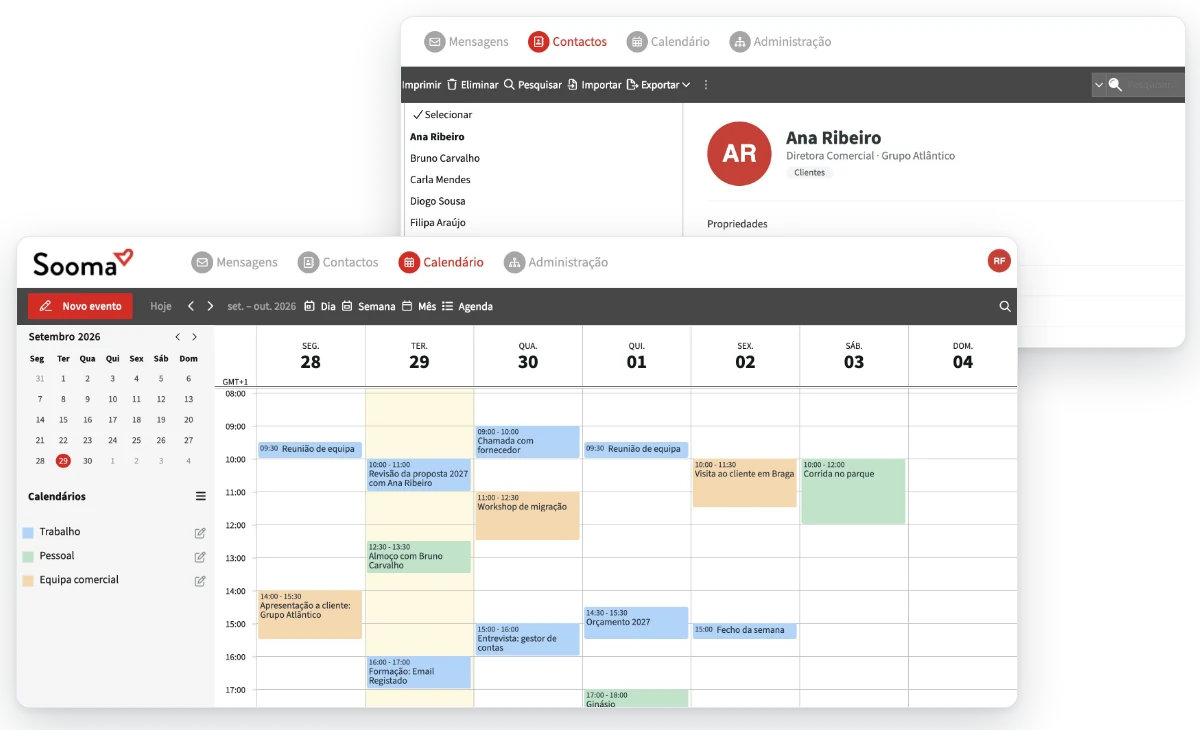 Calendário semanal e contactos partilhados no webmail da Sooma