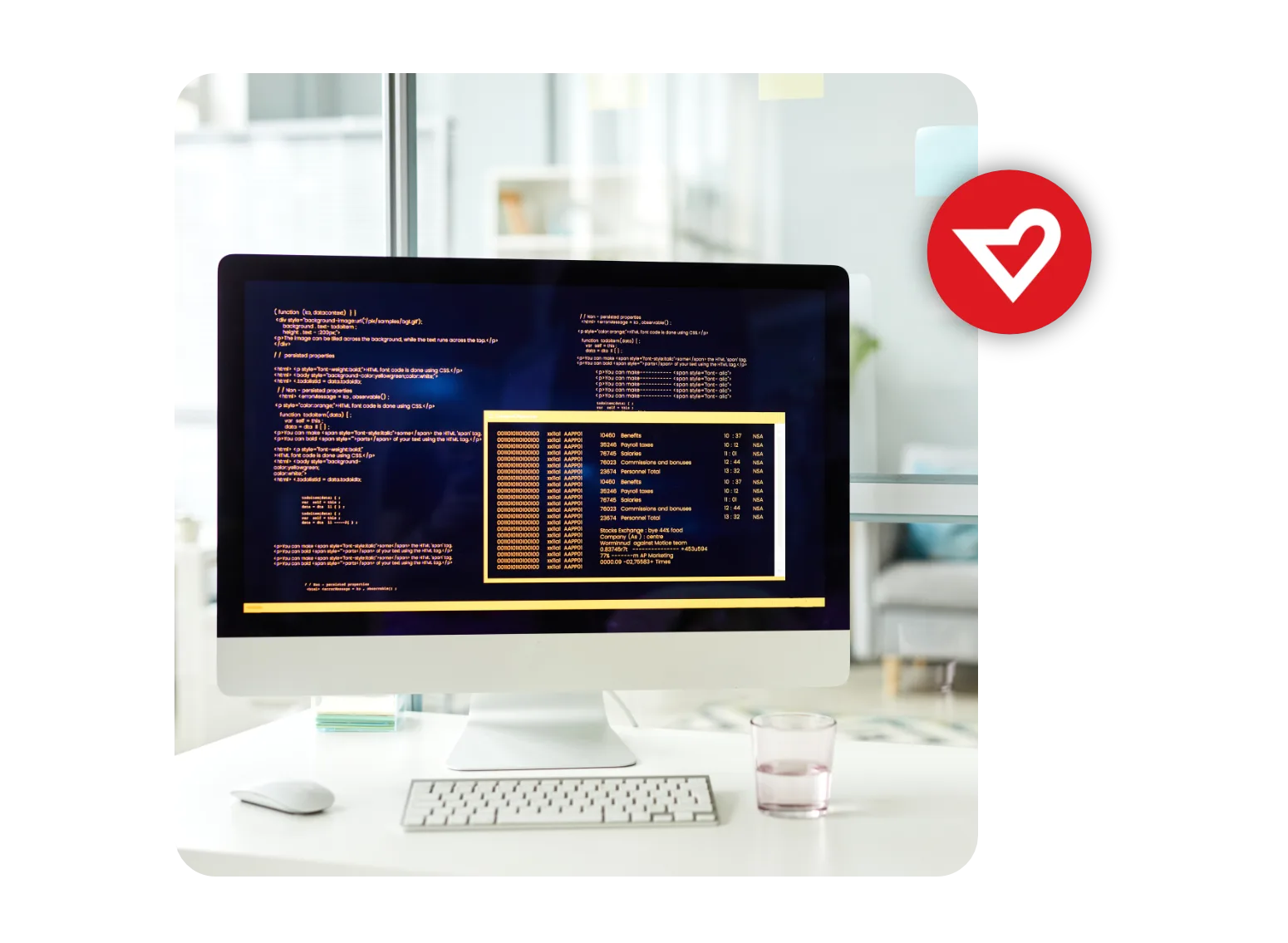 Monitor de secretária com código e tabelas de dados num escritório claro, com o símbolo da Sooma
