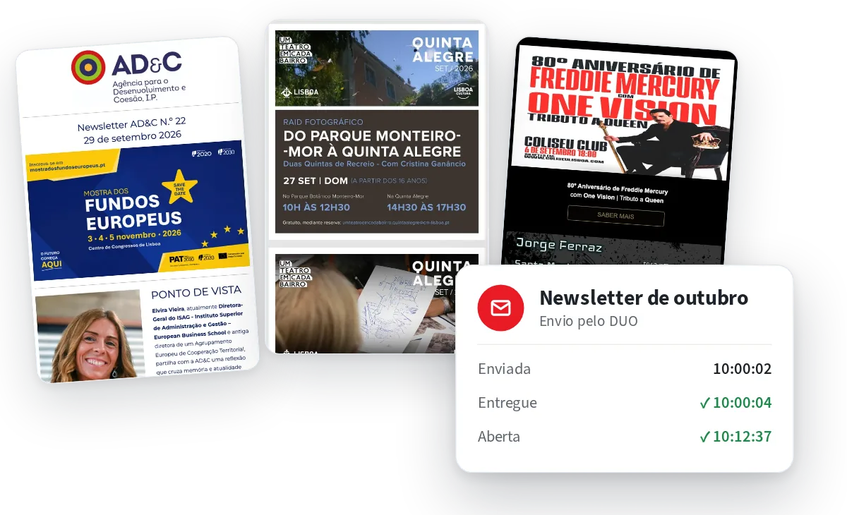 Newsletters da AD&C, da Câmara Municipal de Lisboa e do Coliseu enviadas com o DUO, com o registo de envio, entrega e abertura
