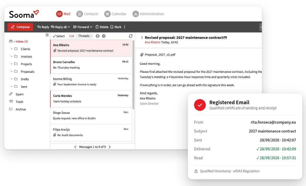 Message in Sooma webmail with the Registered Email certificate: sent, delivered and read