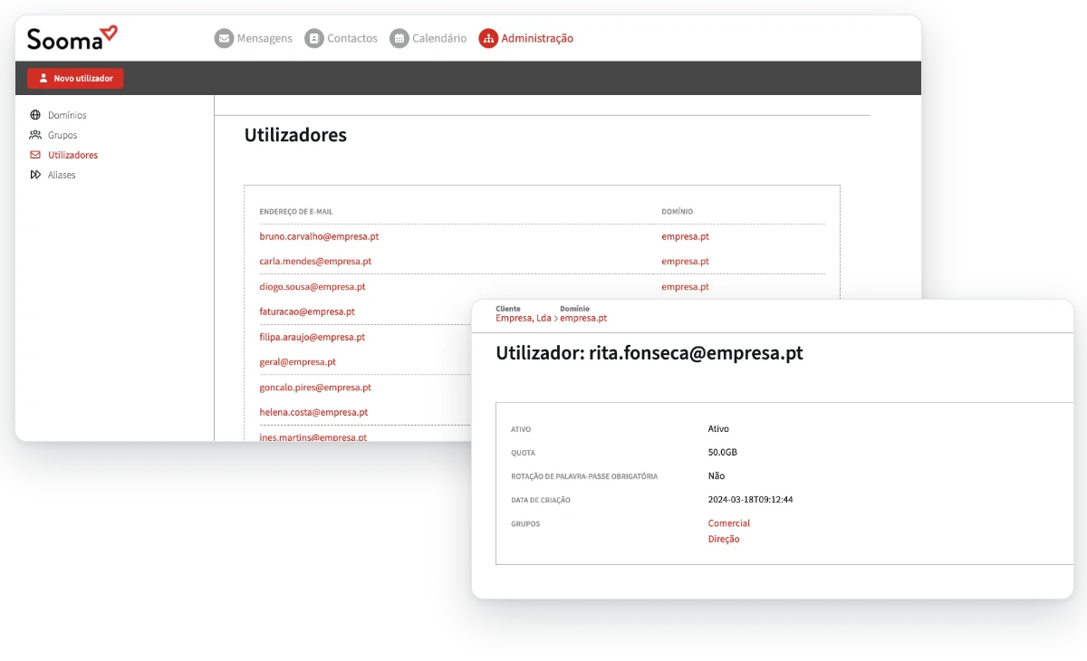 Contactos da equipa no webmail da Sooma