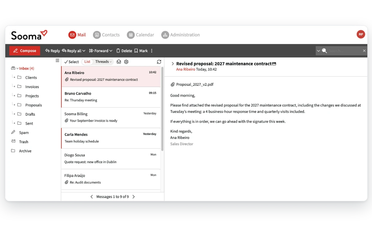 Sooma webmail with the inbox and an open message