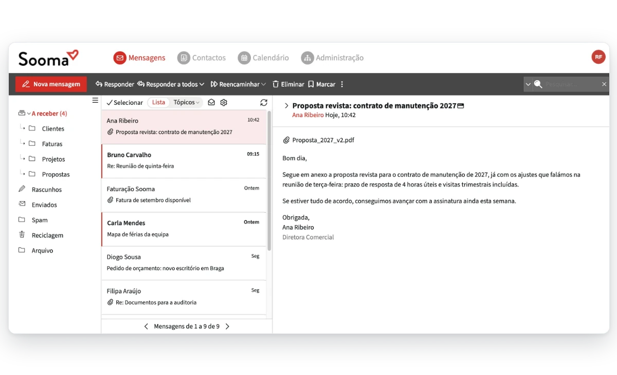 Webmail da Sooma com a caixa de entrada e uma mensagem aberta