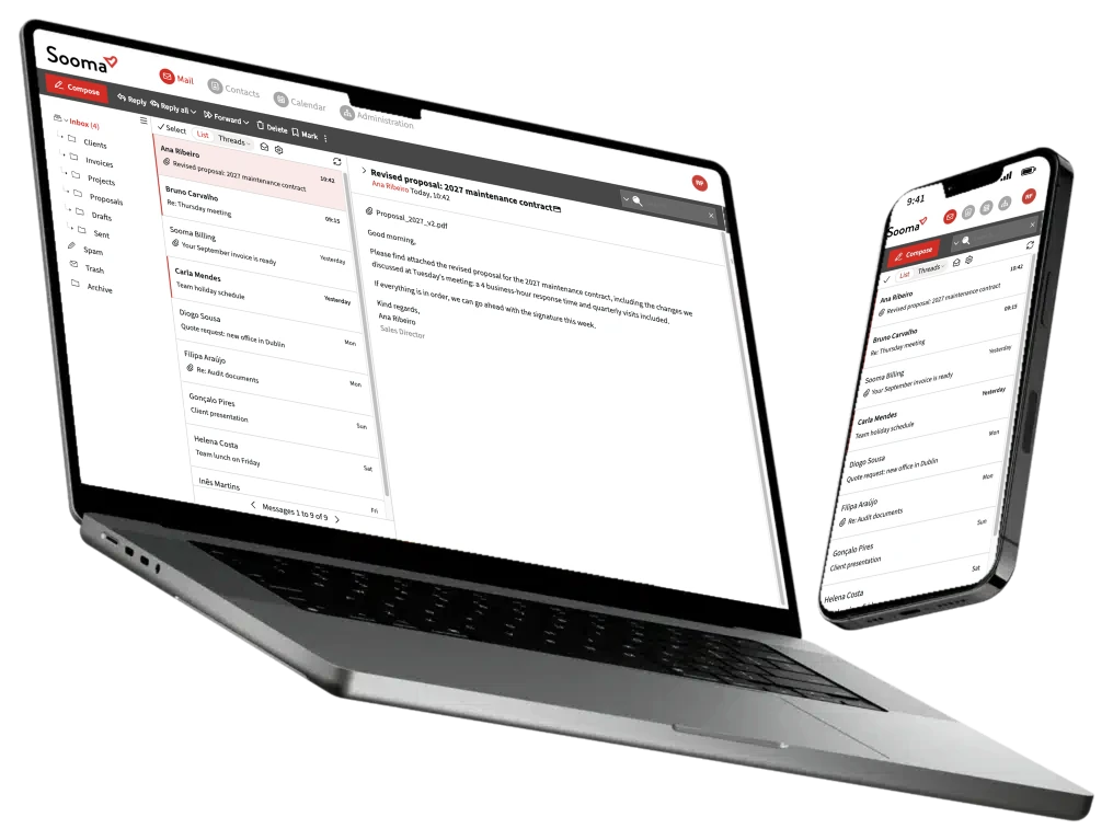 Sooma webmail open on a laptop and a phone