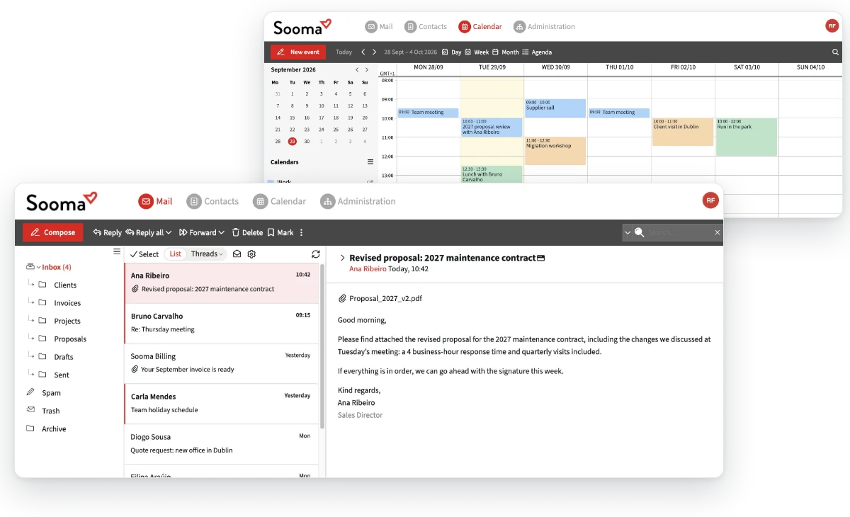 Sooma webmail: messages and calendar