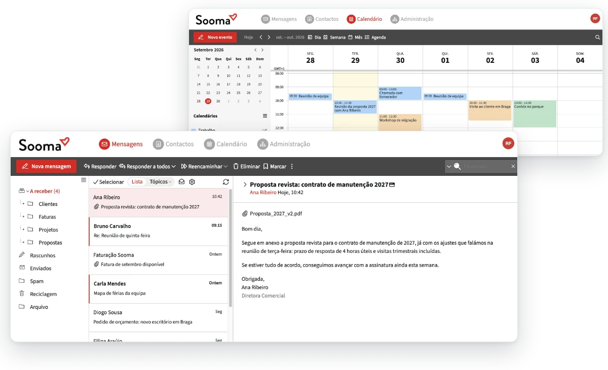 Webmail da Sooma: mensagens e calendário
